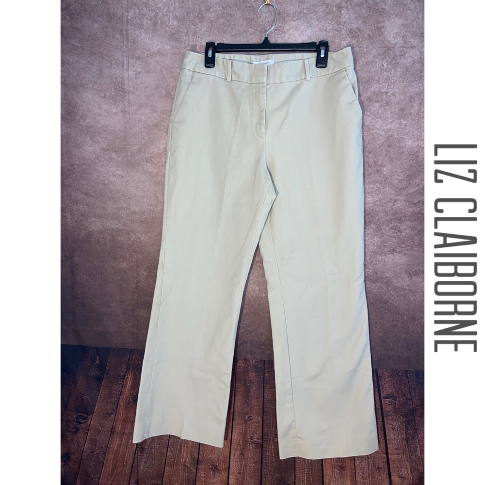 Liz Claiborne~Khaki glazed cotton trousers straight legs~women’s size 14~EUC